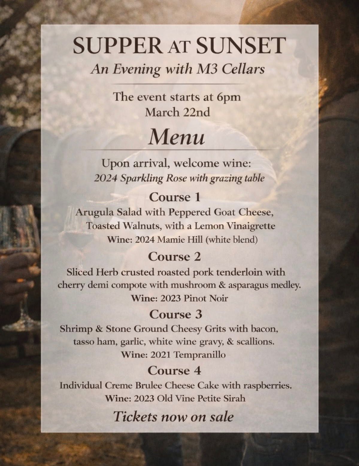 Farm Dinner at The Arbors--Round Top, TX. "Supper At Sunset with M3 CELLARS "